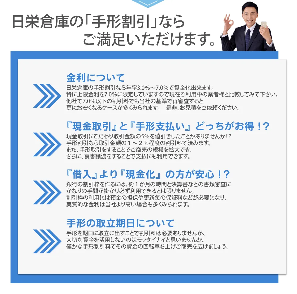 日栄倉庫の手形割引ならご満足いただけます。